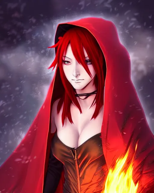 Image similar to portrait Anime sorceress with red hair; cloak with hood; she is summoning fire all around her; pretty face, realistic shaded Perfect face, fine details. Anime. realistic shaded lighting by Kim Jung Gi