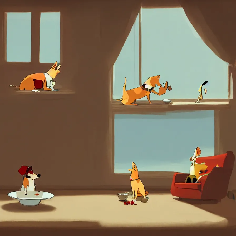 Image similar to Goro Fujita illustrating A dog on a sofa staring at the food dish under the window in the living room