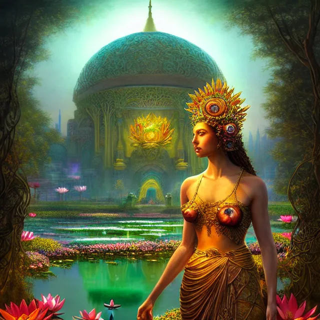 Image similar to Beautiful 3d render of the flower queen goddess near a pond full of lotus, atmospheric lighting, painted, intricate, volumetric lighting, beautiful, rich deep colours masterpiece, sharp focus, ultra detailed, in the art style of Dan Mumford and marc simonetti, with a clear crowded futuristic cyberpunk dubai city in the background, astrophotography