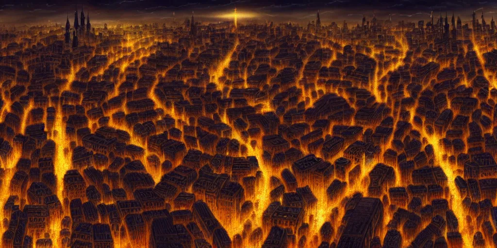 Image similar to magical city of the Great Tartarian Empire adorned with amazing lost technology, lights resembling fireflies, spires from rooftops collecting and distributing etheric energy, cityscape seen at night from above, combining intense detail & utmost quality, Christian Hecker, Artstation, - H 832