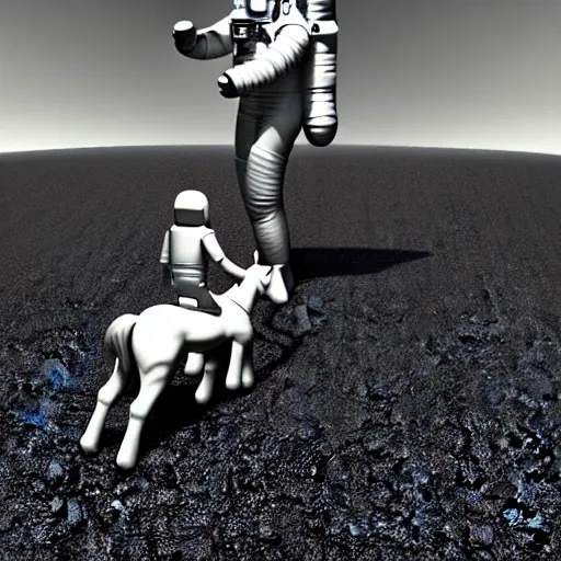 Image similar to an astronaut standing on the ground and a small trippy aggressive centaur standing on that poor human being standing on all fours astronaut raising his arms up, really trying to ride it, the horse is on his shoulders and grabbing them, minimalist style, 3 d render, isometry