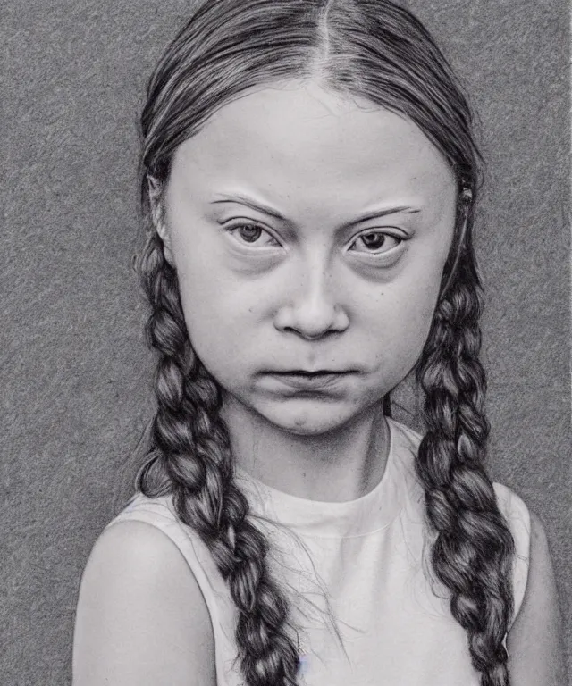 Prompt: highly detailed portrait of greta thunberg, drawn on kraft paper with red, black, and white charcoal