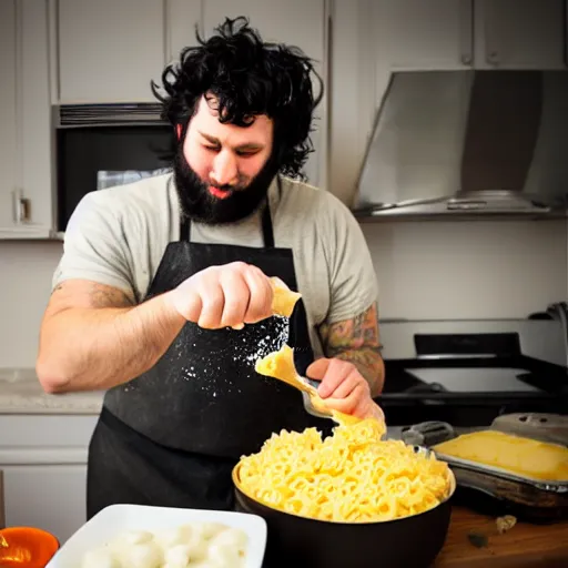 Prompt: top - heavy 2 0 year old with messy black hair and big beard cooks mac and cheese late at night, fish eye lens