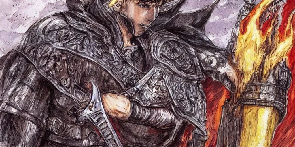 Image similar to guts with one arm, greatsword, detailed face, high detail, castle background, colourful, by kentaro miura