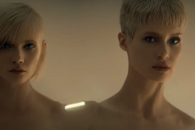 Image similar to a still from bladerunner 2 0 4 9 depicting a medium shot photograph of a beautiful woman with blonde hair emerging from a futuristic immortality machine. she stares intently into the camera with a hungry expression. sci fi, futuristic, cinematic, low light, soft focus, rebirth, phoenix from the ashes metaphor.