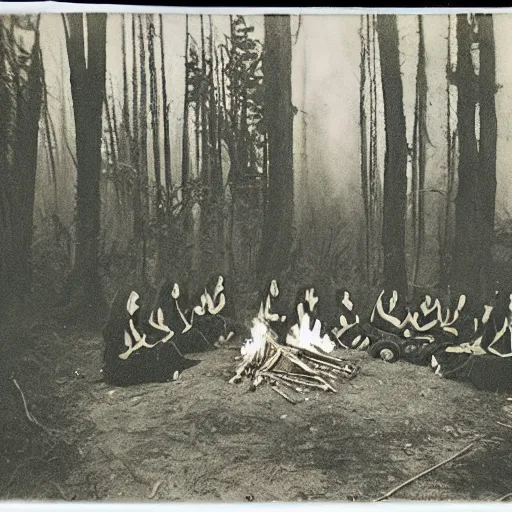 Image similar to witches gather around a bonfire in a forest, polaroid