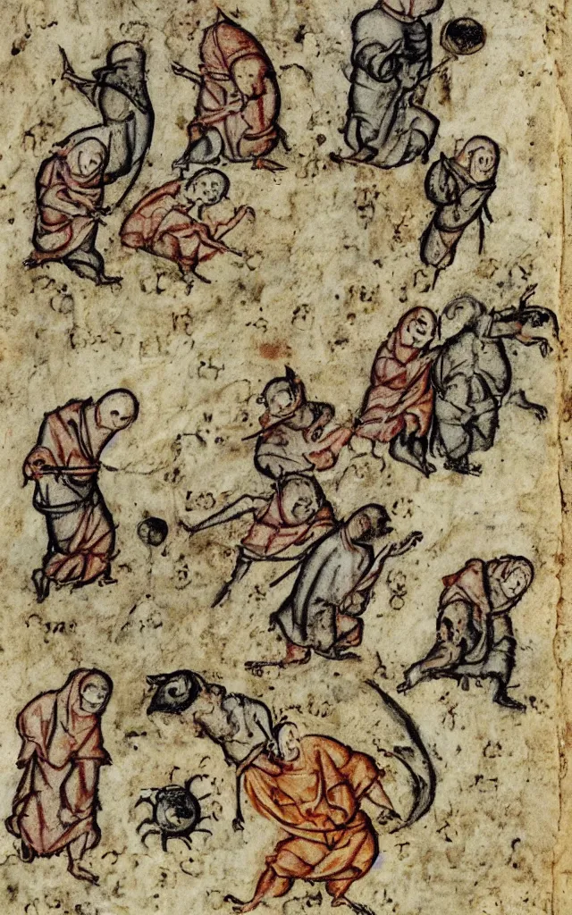 Prompt: snails biting and chasing a poor monk frail manuscript medieval marginalia, masterpiece