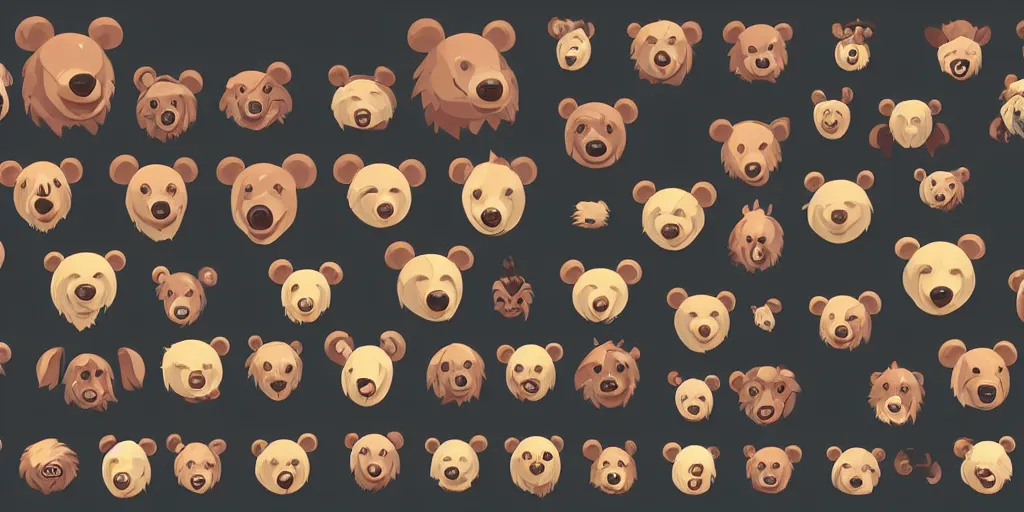 Prompt: game asset of unique bear heads on black background, organic, disney animation color palette, smooth vector lines, toon shading, 5 colors, solid colors, flat 2 d design, 2 d sprites, 8 k, close up