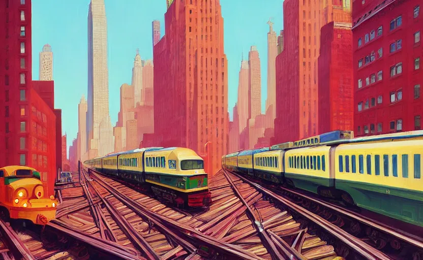 Image similar to A big train moving in the middle of new york city, very coherent, painted by Edward Hopper, Wayne Barlowe, painted by James Gilleard, airbrush, art by JamesJean