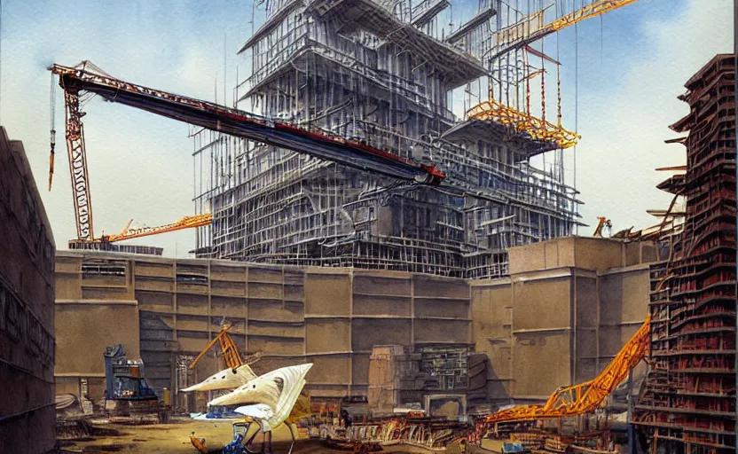 Prompt: crane bulding construction, colorful watercolor. by rembrant, battle angel alita, ralph mcquarrie, aluminum, 1 6 6 7