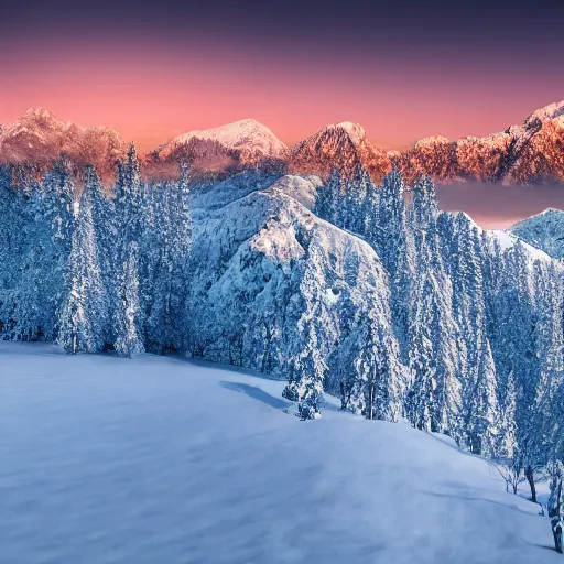 Prompt: tall snowy mountain range, realistic, detailed, award winning photo, sunset, 8 k