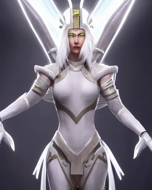 Image similar to perfect white haired attractive egyptian goddess, warframe armor, beautiful, symmetric, dreamy, half asian, pretty face, green eyes, charlize theron, detailed, scifi platform, laboratory, experiment, 4 k, ultra realistic, epic lighting, android body, illuminated, cinematic, masterpiece, art by akihito tsukushi, voidstar