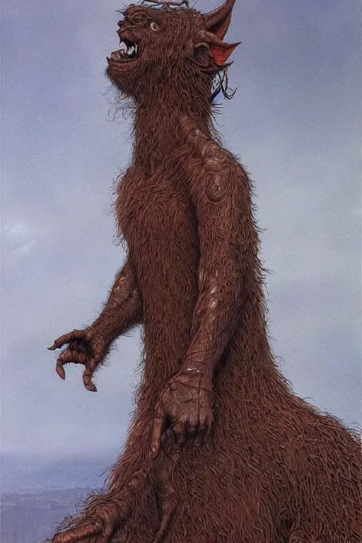 Image similar to Artwork by John Howe of Abe the Forgotten Beast, A towering humanoid composed of rose gold, with a gaunt appearance and a matted grey fur