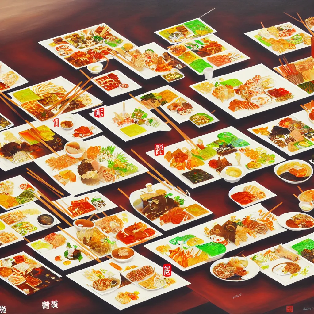 Image similar to a painting of a table full of japanese foods, concept art by taro yamamoto, pixiv contest winner, auto - destructive art, official art, concept art, pixiv