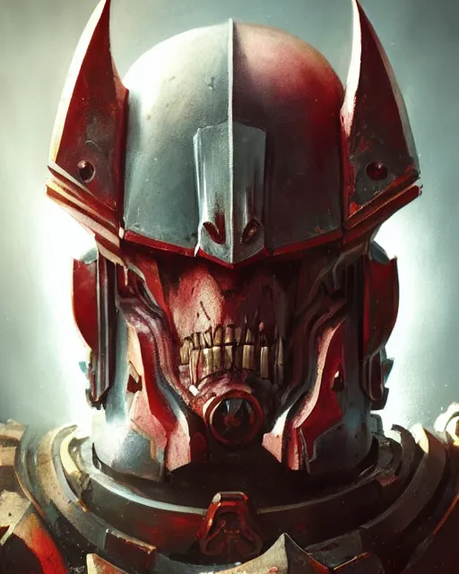 Image similar to hyper realistic portrait of heroic warhammer 4 0 k android head, cinematic, chaos marine, khorne, emperor, slaanesh, artstation, cgsociety, full head and shoulders, greg rutkowski, james gurney, mignola, craig mullins, brom redshift, vray, octane