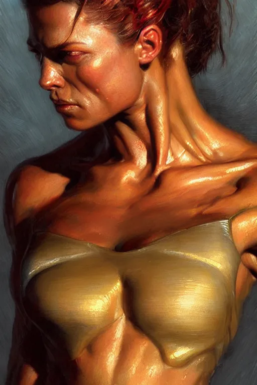 Image similar to muscular sweat spiderwoman,, exhausted face close up, highly detailed painting by gaston bussiere, craig mullins, j. c. leyendecker 8 k