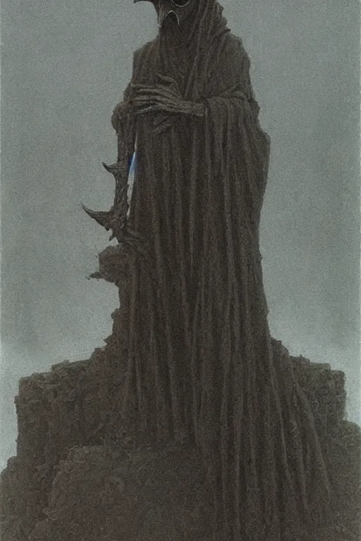 Image similar to plague doctor from iron gridle but human form, destroyed city and flames by zdzislaw beksinski