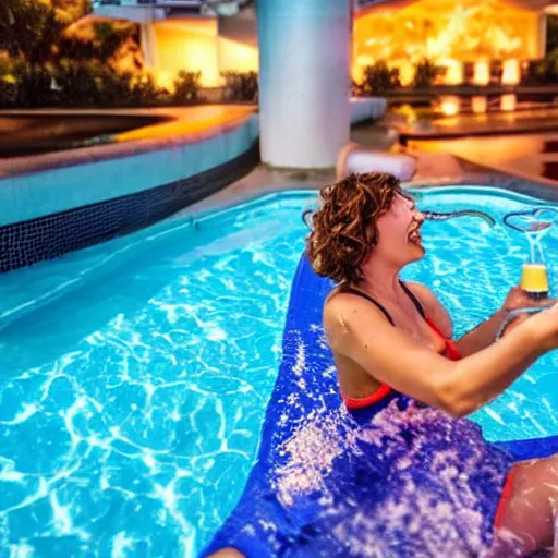 Prompt: selfie of a happy person drinking a martini inside a pool filled with hot lava