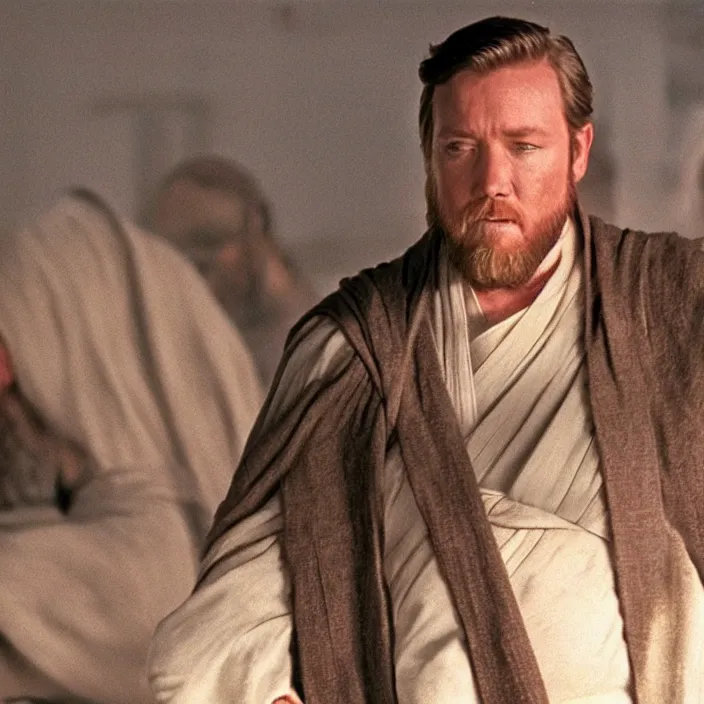 Image similar to obi wan kenobi but obese!! and overweight, photoralistic rendering, movie still, screenshot, hyperdetailed