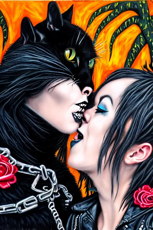 Prompt: punk rock girls kissing and making selfie with black cats in jungle , 1980 style, mad max jacket, post apocalyptic, Cyberpunk, renaissance, Gothic, mystic, highly detailed, 4k, fog, oil painting on canvas, sharp focus,, hyper realistic style, dramatic lighting, fantasy by Olga Fedorova