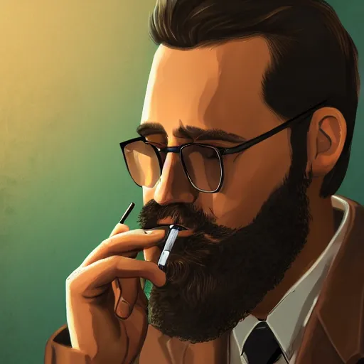 Prompt: Disco Elysium portrait of a man with a beard, he is smoking a cigarette