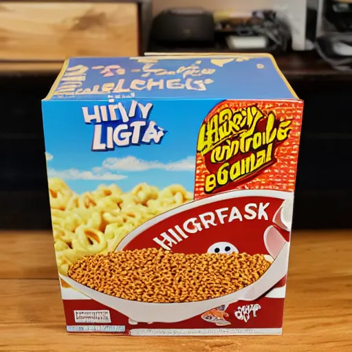 Image similar to a perfectly normal box of cereal in real life, highly detailed, high definition, ultra realistic