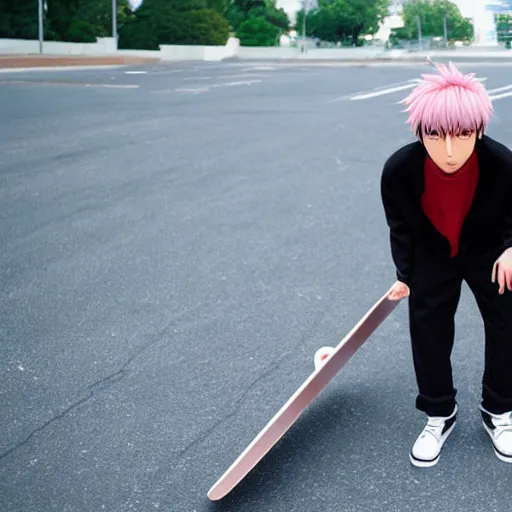 Prompt: Ken Kaneki, holding a skateboard, Hiroaki Tsutsumi style