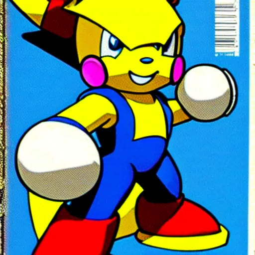 Prompt: nintendo power magazine cover from the 1 9 9 0 s featuring megaman as pikachu