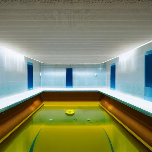 Prompt: the Poolrooms, an expansive complex of interconnected rooms and corridors slightly submerged in undulating, lukewarm water. Each area of the level varies greatly in size and structure, ranging from uniform pools and hallways to more open, abnormally-shaped areas. The walls, ceilings, and floors of the level all appear to be constructed from the same white ceramic tile, with the only deviation from this color being the blue-green hue of the water.