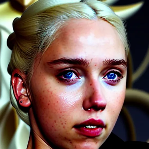 Image similar to a selfie of daenerys targaryen played by a young scarlett johansson, smooth skin, purple eye color, ethereal beauty, medium shot, detailed eyes, vivid, golden hour