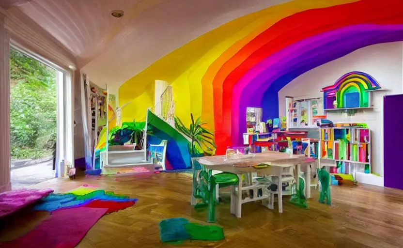 Prompt: Inside of a beautiful rainbow house