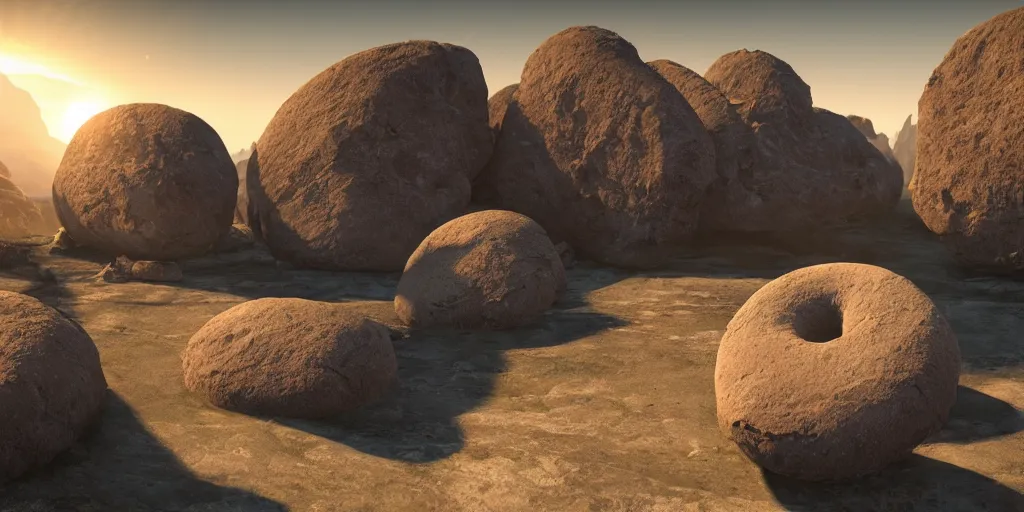 Image similar to epic landscape, rock shaped in the form of a doughnut with sunlight coming through, 8 k uhd, unreal engine, octane render in the artstyle of kuindzhi