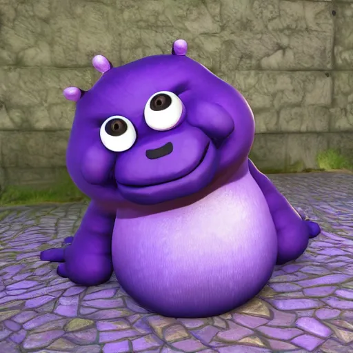 Image similar to chubby fat monster, purple scales ,cute, sparkle eyes, photorealistic, wearing skirt, 4k, unrealengine,