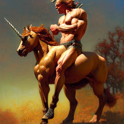 Prompt: muscular anthropomorphic unicorn tearing barbed wire, highly detailed and very defined painting by gaston bussiere and j. c. leyendecker and craig mullins 8 k