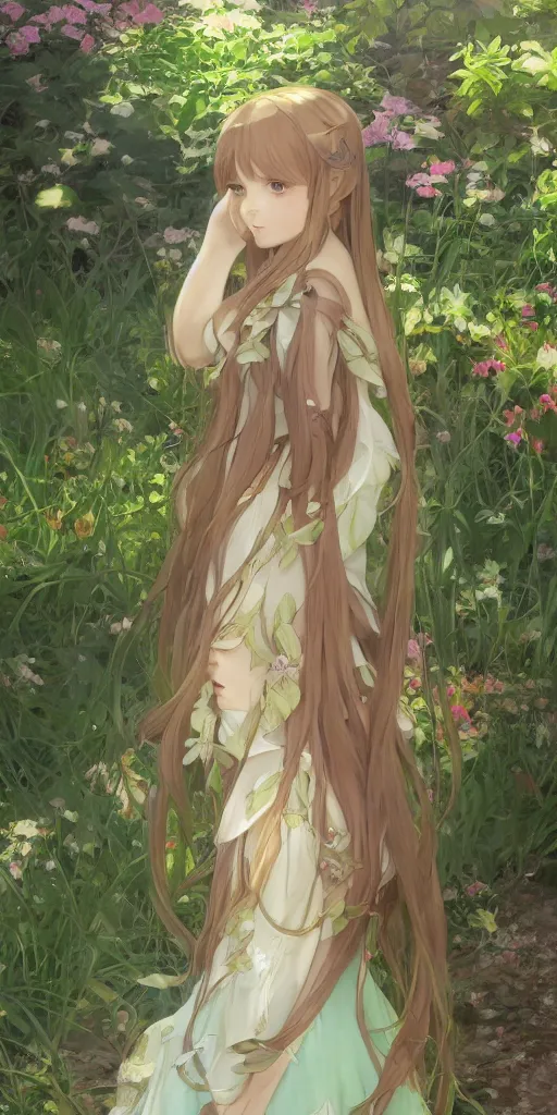 Image similar to a digital art of a loli with long hair in a dress in the privet garden at after noon, green and warm theme, back lighting, by krenz cushart and mucha and akihito yoshida and greg rutkowski and makoto shinkai, detailed eyes, 4 k resolution, trending on art station