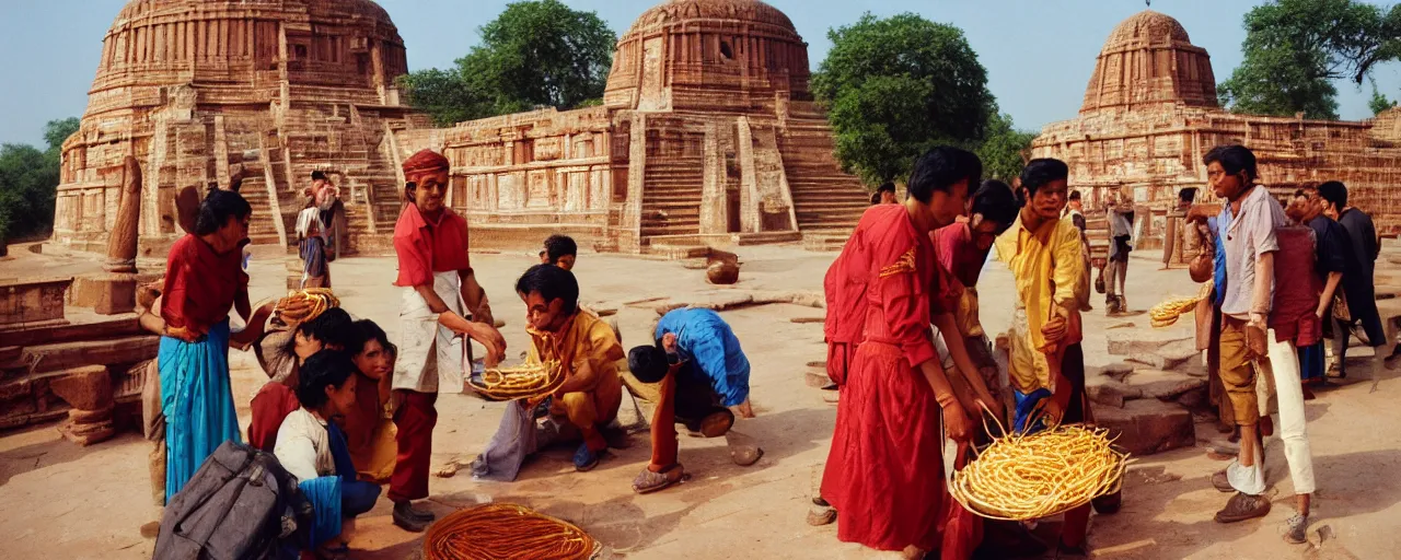 Image similar to people offering spaghetti at sanchi stupa, ancient india, canon 5 0 mm, kodachrome, in the style of wes anderson, retro