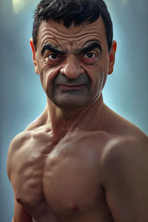 Image similar to upper body portrait of a hulking herculean chiseled mr bean rowan atkinson, cinematic lighting, photorealistic, octane render, 8 k, depth of field, 3 d, art by artgerm and greg rutkowski and alphonse mucha and uang guangjian and gil elvgren and sachin ten