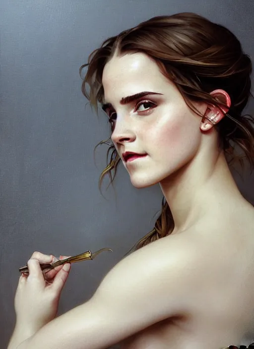 Image similar to oil painting of emma watson giving biting her lip seductive look. beautiful detailed face. by artgerm and greg rutkowski and alphonse mucha