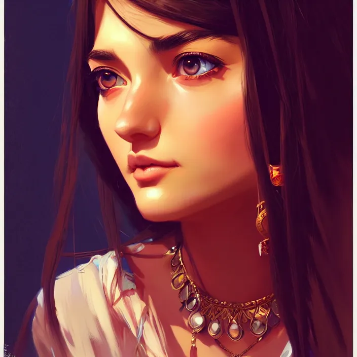 Image similar to a comic portrait of an gypsy girl, fine - face, realistic shaded perfect face, fine details, jewelry, night setting. very anime style. realistic shaded lighting poster by ilya kuvshinov katsuhiro, magali villeneuve, artgerm, jeremy lipkin and michael garmash, rob rey and kentaro miura style, trending on art station