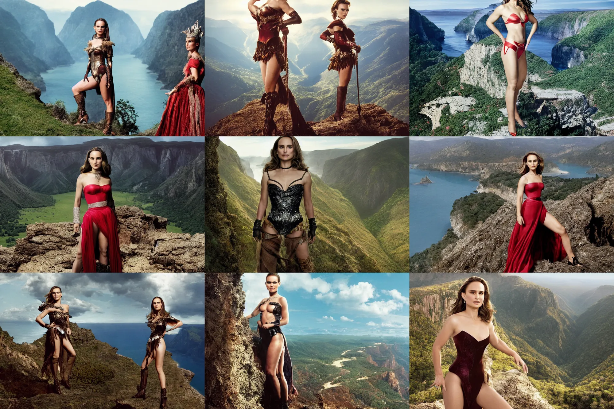 Prompt: full-length photorealistic portrait of Natalie Portman wearing a chesty fantasy outfit and standing on the edge of a cliff overlooking a valley