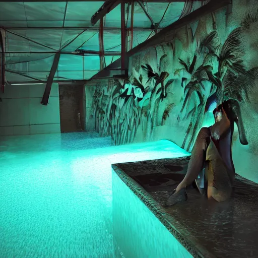 Image similar to a hyperrealistic 3 d render of a broken statue in a surreal underground swimming pool surrounded by palm trees water slides and neon lights, vaporwave, unreal engine, octane render, dramatic lighting, volumetric lighting, neon lighting, ultra detailed, photorealistic