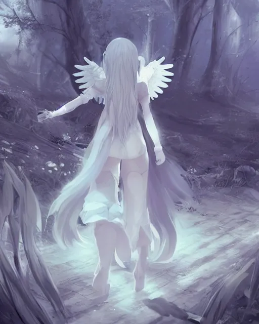 Prompt: infinitely detailed concept art of angel elegantly clothed strolling through a peaceful path, artstation!! / pixiv!!! infinitely detailed, nier automata scenery art concept, dream magical, dream scenery art, dream lighting, full - body majestic angel