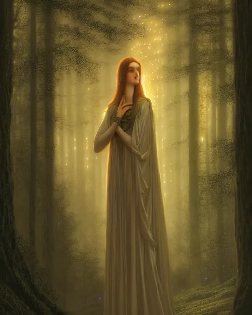 Image similar to nocturne, glowing, stars, a portrait of a beautiful medieval princess, tall and thin, highly detailed, mysterious, ethereal, glowing in the dark, haute couture, dark forest, illustration, painting, dramatic lighting, by edmund blair leighton, brom, charlie bowater, faces by otto schmidt