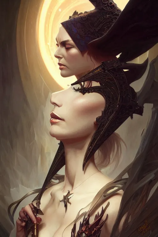 Image similar to dark fantasy, evil magician portrait, dark surrealist , fantasy, intricate, elegant, highly detailed, digital painting, artstation, concept art, smooth, sharp focus, illustration, art by artgerm and greg rutkowski and alphonse mucha