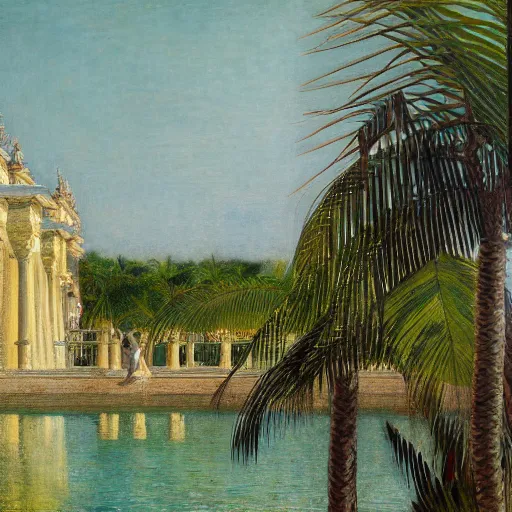 Image similar to a ultradetailed beautiful painting of the amazonas palace balustrade designed by jules bastien - lepage, tarsila do amaral, frank weston and gustave baumann, beach, trending on artstation, mediterranean, palm trees, detailed face, sharp focus, soft light, 8 k 4 k