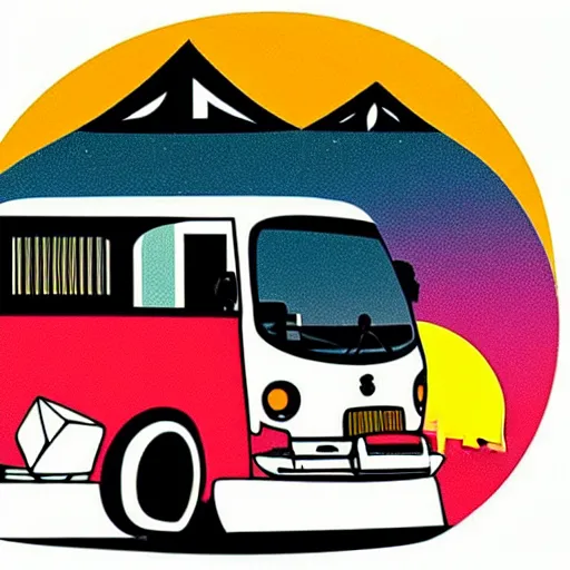 Image similar to sticker of a white and black cute thor chateau! motorhome camper!!, mountains, colorful sunset!!, sticker!! by tom whalen