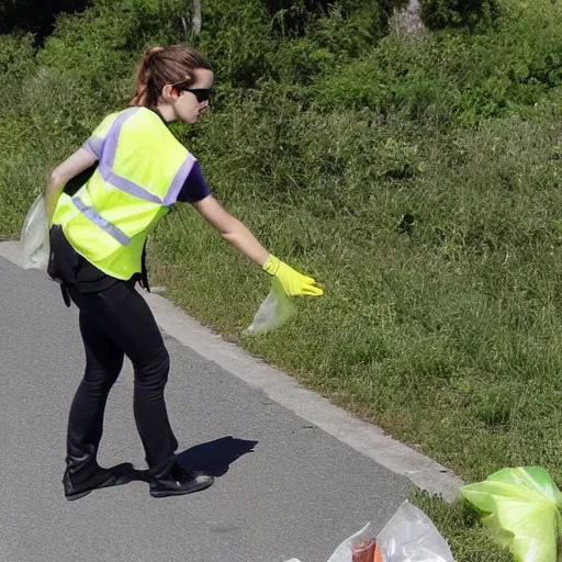 Image similar to emma watson in a hi vis vest picking up trash on the side of the road. midday sun,