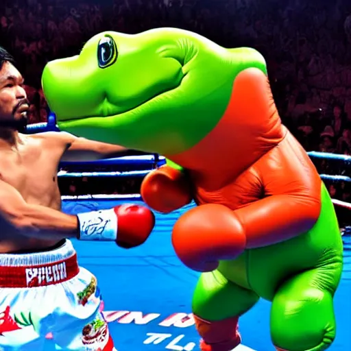 Prompt: manny pacquiao boxing an inflatable dinosaur