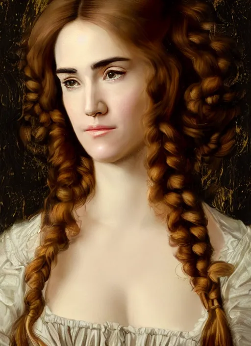 Image similar to portrait of Jennifer Connelly with long hair in baroque art, anime inspired, High Res 8K, hyperdetailed