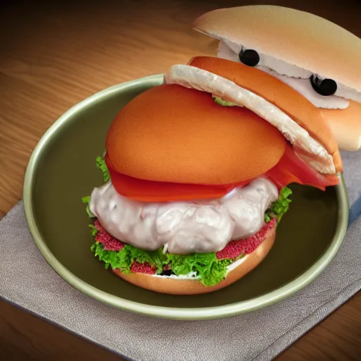 Prompt: floating chicken sandwich on a plate, photo realistic, explosion and flying pigs in the background, amazing detail